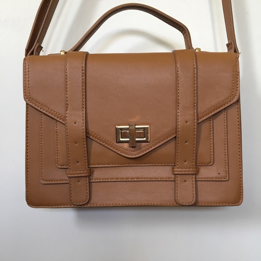 Leather Strapped Gold Clasp Briefcase Satchel